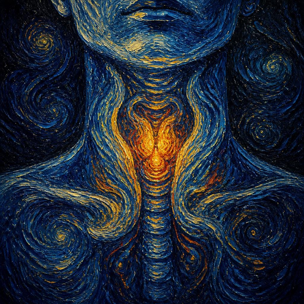 Abstract oil painting in the manner of Van Gogh: the throat and larynx rendered in swirling indigo brushstrokes with a burning gold ember at the vocal folds